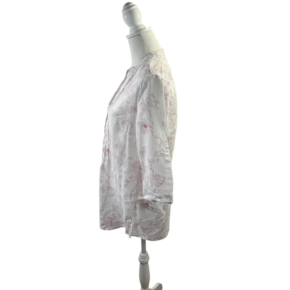 Malvin White Linen Purple Floral Notch Neck 3/4 Roll Tab Sleeve Tunic Top Medium